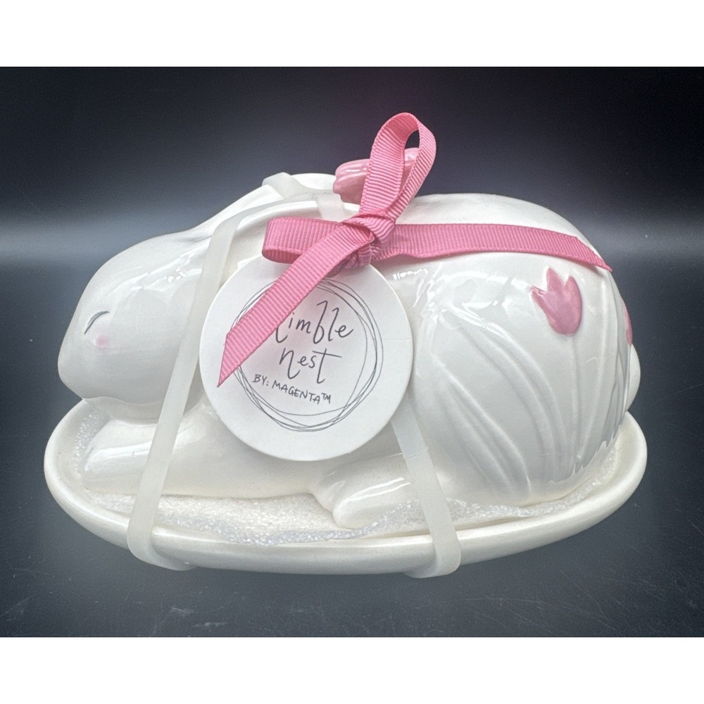 Nimble Nest by Magenta Ceramic White BUNNY Pink Flowers COVERED BUTTER DISH NEW